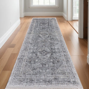 HomeRoots 4' Luxurious Gray and Silver Oriental Area Rug - Vintage Style, Durable Power Loom Construction 12' Runner 566366