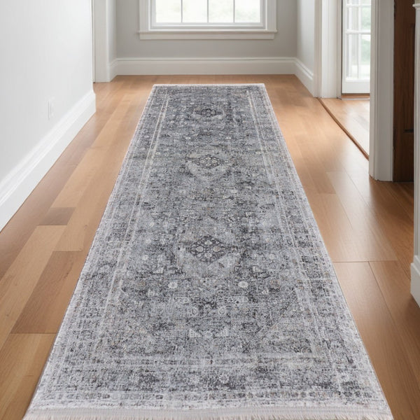 HomeRoots 4' Luxurious Gray and Silver Oriental Area Rug - Vintage Style, Durable Power Loom Construction 12' Runner 566366