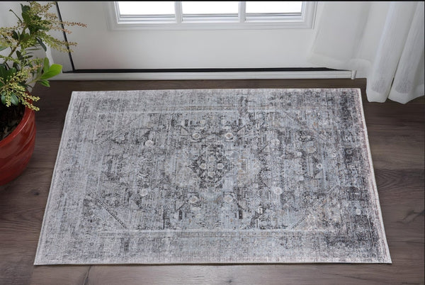HomeRoots 4' Luxurious Gray and Silver Oriental Area Rug - Vintage Style, Durable Power Loom Construction 2' X 3' 566368