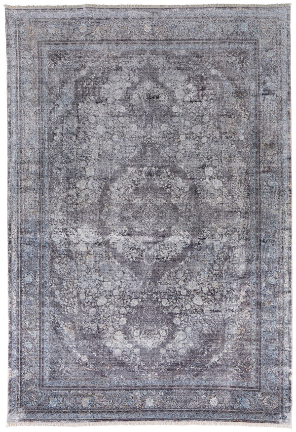 Homeroots 4' X 5' Gray And Silver Oriental Power Loom Worn Faded Area Rug Gray Viscose 566369