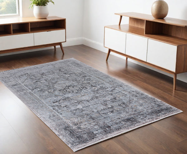 Homeroots 4' X 5' Gray And Silver Oriental Power Loom Worn Faded Area Rug Gray Viscose 566369