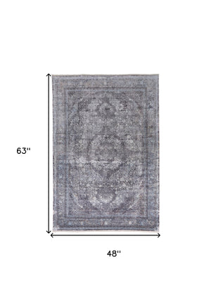Homeroots 4' X 5' Gray And Silver Oriental Power Loom Worn Faded Area Rug Gray Viscose 566369