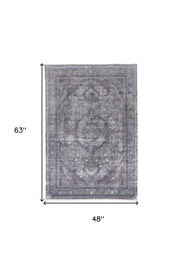 Homeroots 4' X 5' Gray And Silver Oriental Power Loom Worn Faded Area Rug Gray Viscose 566369