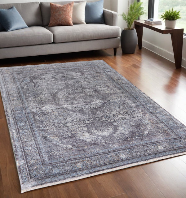 Homeroots 5' X 7' Gray And Silver Oriental Power Loom Worn Faded Area Rug Gray Viscose 566370