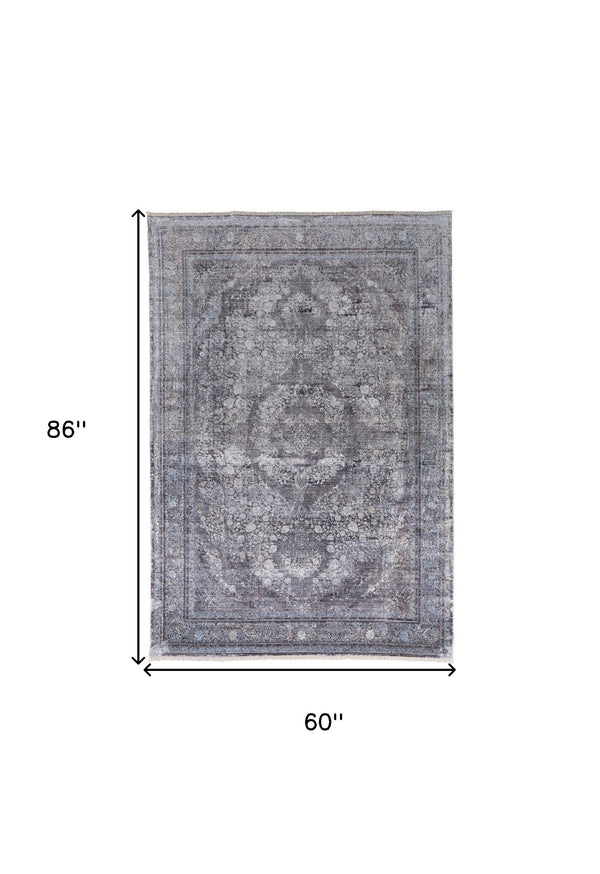 Homeroots 5' X 7' Gray And Silver Oriental Power Loom Worn Faded Area Rug Gray Viscose 566370