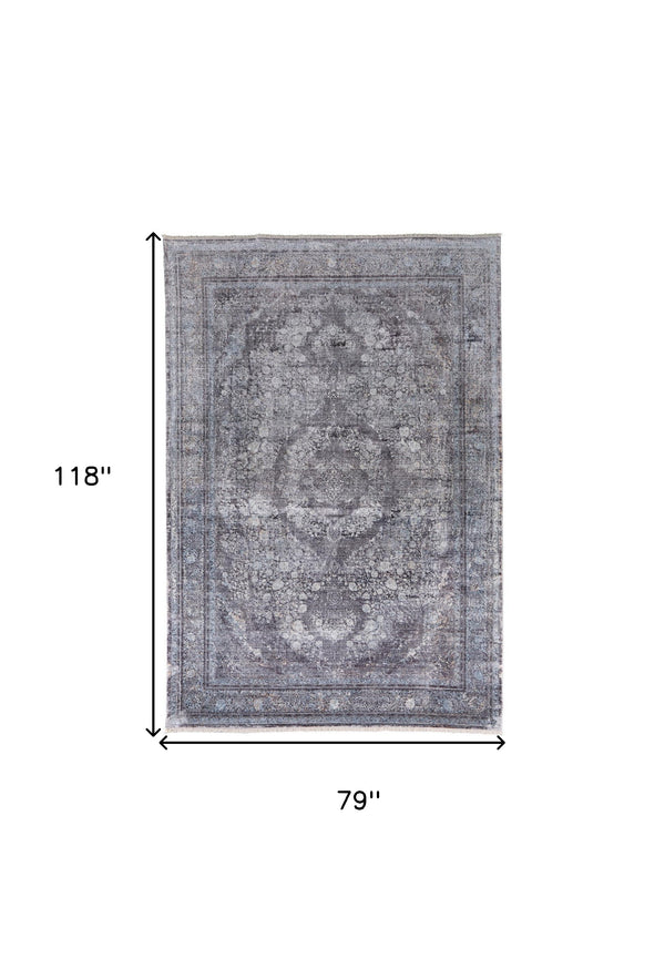 Homeroots 7' X 10' Gray And Silver Oriental Power Loom Worn Faded Area Rug Gray Viscose 566371