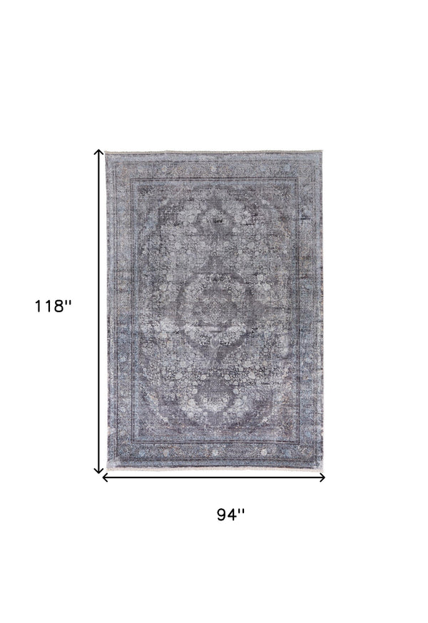 Homeroots 8' X 10' Gray And Silver Oriental Power Loom Worn Faded Area Rug Gray Viscose 566372