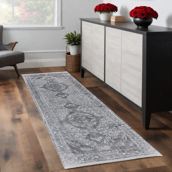 Homeroots 8' Gray And Silver Oriental Power Loom Worn Faded Runner Rug Gray Viscose 566374