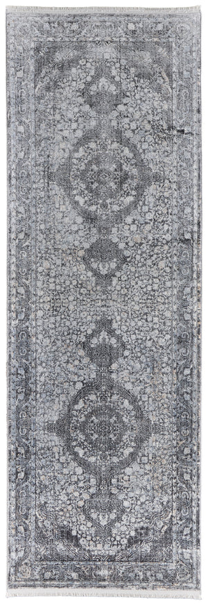 Homeroots 8' Gray And Silver Oriental Power Loom Worn Faded Runner Rug Gray Viscose 566374