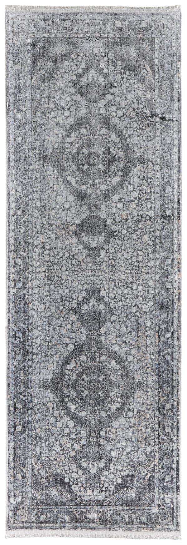 Homeroots 8' Gray And Silver Oriental Power Loom Worn Faded Runner Rug Gray Viscose 566374