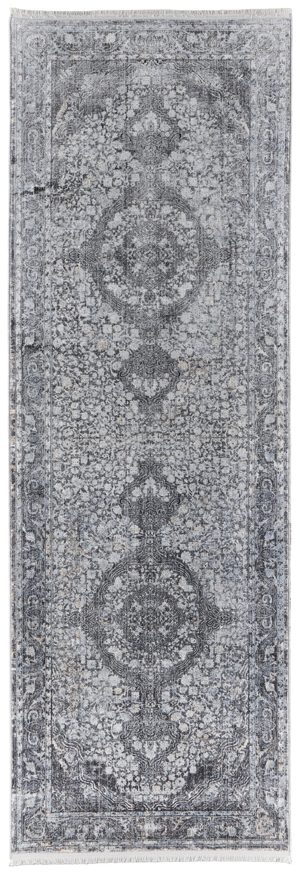 Homeroots 8' Gray And Silver Oriental Power Loom Worn Faded Runner Rug Gray Viscose 566375