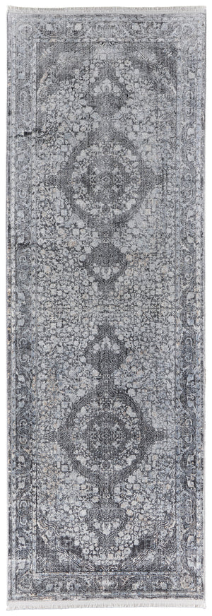 Homeroots 12' Gray And Silver Oriental Power Loom Worn Faded Runner Rug Gray Viscose 566376