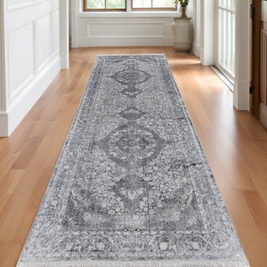 Homeroots 12' Gray And Silver Oriental Power Loom Worn Faded Runner Rug Gray Viscose 566376
