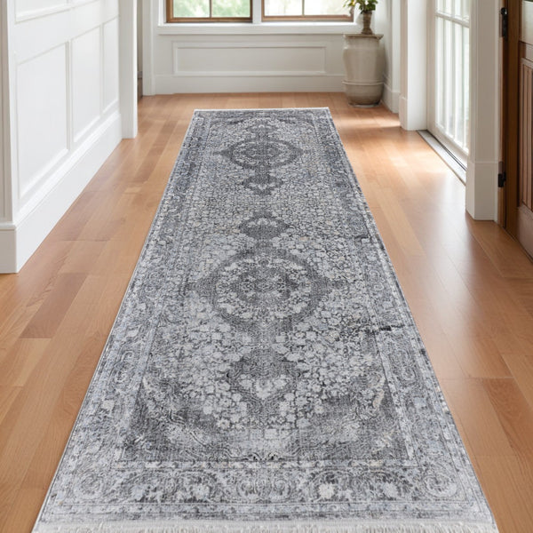 Homeroots 12' Gray And Silver Oriental Power Loom Worn Faded Runner Rug Gray Viscose 566376