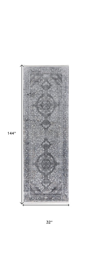 Homeroots 12' Gray And Silver Oriental Power Loom Worn Faded Runner Rug Gray Viscose 566376