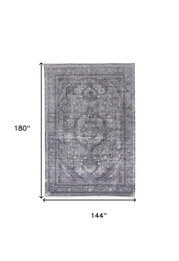 Homeroots 12' X 15' Gray And Silver Oriental Power Loom Worn Faded Area Rug Gray Viscose 566377