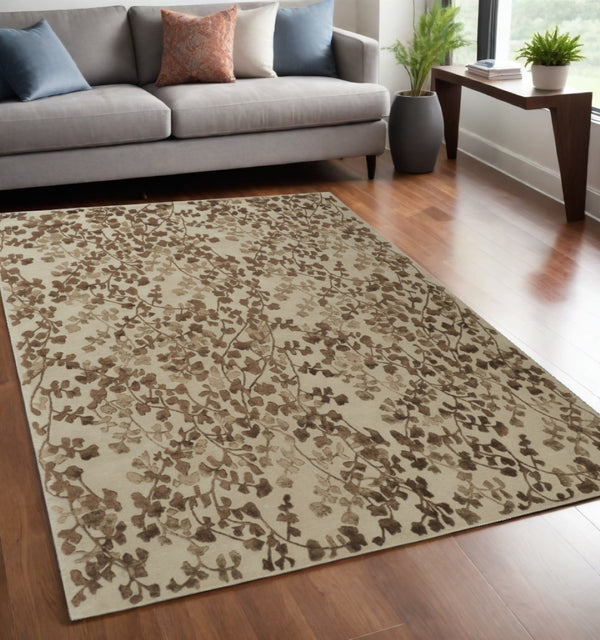 HomeRoots 5' Elegant Hand-Tufted Floral Area Rug in Soft Taupe and Rich Brown for Timeless Home Décor 5' X 8' 566379