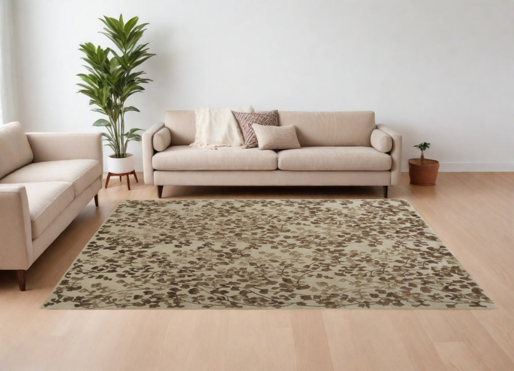 HomeRoots 5' Elegant Hand-Tufted Floral Area Rug in Soft Taupe and Rich Brown for Timeless Home Décor 10' X 14' 566380