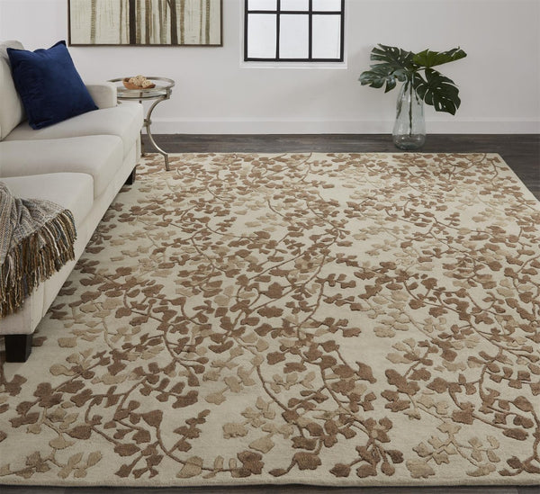 HomeRoots 5' Elegant Hand-Tufted Floral Area Rug in Soft Taupe and Rich Brown for Timeless Home Décor 10' X 14' 566380