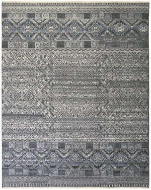 HomeRoots 6' Gray and Ivory Geometric Hand-Knotted Area Rug - Modern Style, Durable Wool Blend, Unique Design 6' X 9' 566384