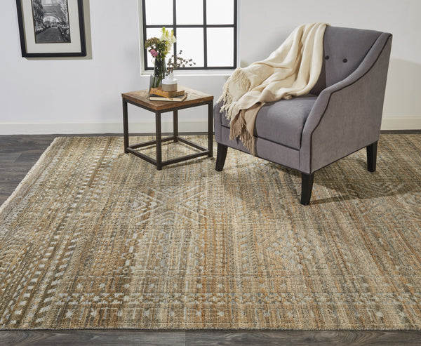 Homeroots 6' X 9' Gold And Tan Geometric Hand Knotted Worn Faded Area Rug Gold Wool Blend 566386