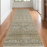 Homeroots 10' Gold And Tan Geometric Hand Knotted Worn Faded Runner Rug Gold Wool Blend 566390