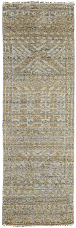 Homeroots 10' Gold And Tan Geometric Hand Knotted Worn Faded Runner Rug Gold Wool Blend 566390