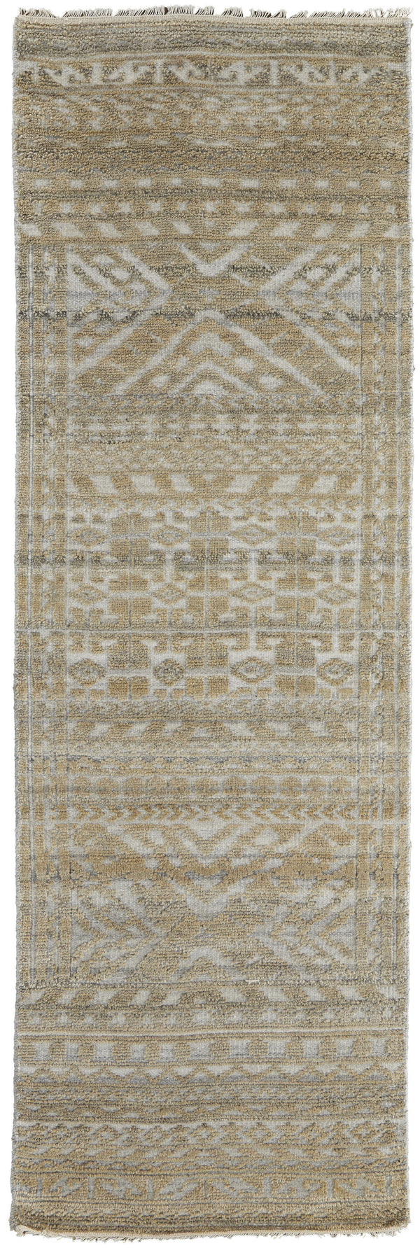 Homeroots 10' Gold And Tan Geometric Hand Knotted Worn Faded Runner Rug Gold Wool Blend 566390