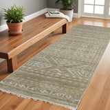 Homeroots 8' Gold And Tan Geometric Hand Knotted Worn Faded Runner Rug Gold Wool Blend 566391