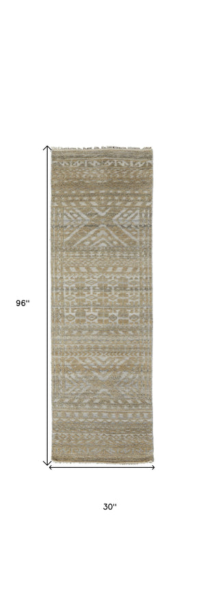 Homeroots 8' Gold And Tan Geometric Hand Knotted Worn Faded Runner Rug Gold Wool Blend 566391