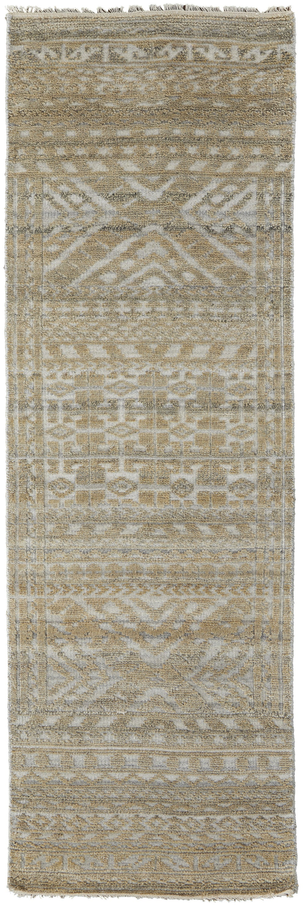 Homeroots 8' Gold And Tan Geometric Hand Knotted Worn Faded Runner Rug Gold Wool Blend 566391