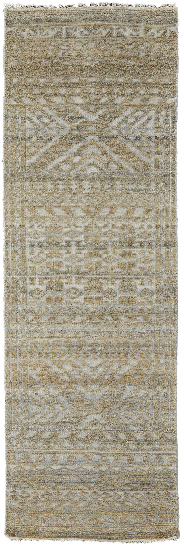 Homeroots 8' Gold And Tan Geometric Hand Knotted Worn Faded Runner Rug Gold Wool Blend 566391