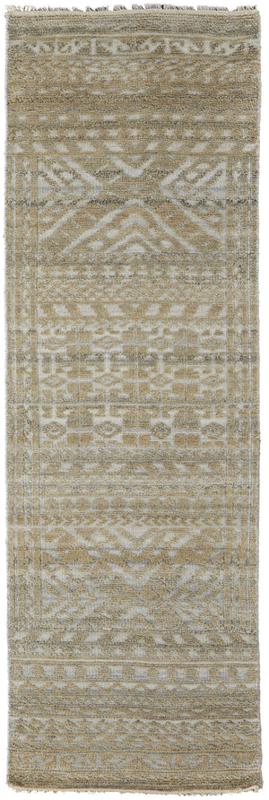 Homeroots 8' Gold And Tan Geometric Hand Knotted Worn Faded Runner Rug Gold Wool Blend 566391