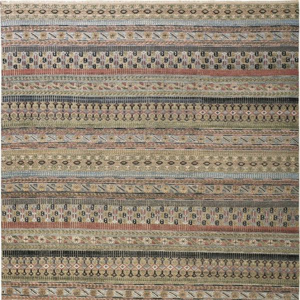 HomeRoots 6' Hand-Knotted Area Rug with Timeless Tan, Blue, and Orange Stripes for Cozy Home Decor 6' X 9' 566394