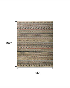 HomeRoots 6' Hand-Knotted Area Rug with Timeless Tan, Blue, and Orange Stripes for Cozy Home Decor 6' X 9' 566394