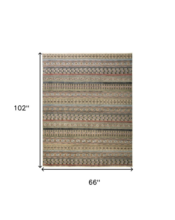 HomeRoots 6' Hand-Knotted Area Rug with Timeless Tan, Blue, and Orange Stripes for Cozy Home Decor 6' X 9' 566394