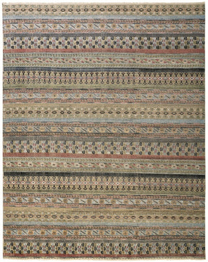 HomeRoots 6' Hand-Knotted Area Rug with Timeless Tan, Blue, and Orange Stripes for Cozy Home Decor 6' X 9' 566394