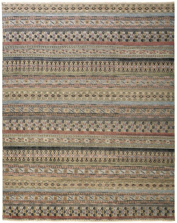 HomeRoots 6' Hand-Knotted Area Rug with Timeless Tan, Blue, and Orange Stripes for Cozy Home Decor 8' X 10' 566395