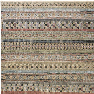 HomeRoots 6' Hand-Knotted Area Rug with Timeless Tan, Blue, and Orange Stripes for Cozy Home Decor 8' X 10' 566395