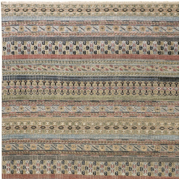 HomeRoots 6' Hand-Knotted Area Rug with Timeless Tan, Blue, and Orange Stripes for Cozy Home Decor 8' X 10' 566395