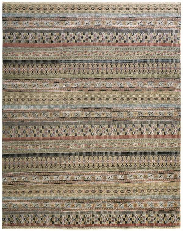 HomeRoots 6' Hand-Knotted Area Rug with Timeless Tan, Blue, and Orange Stripes for Cozy Home Decor 8' X 10' 566395