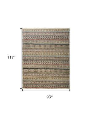 HomeRoots 6' Hand-Knotted Area Rug with Timeless Tan, Blue, and Orange Stripes for Cozy Home Decor 8' X 10' 566395