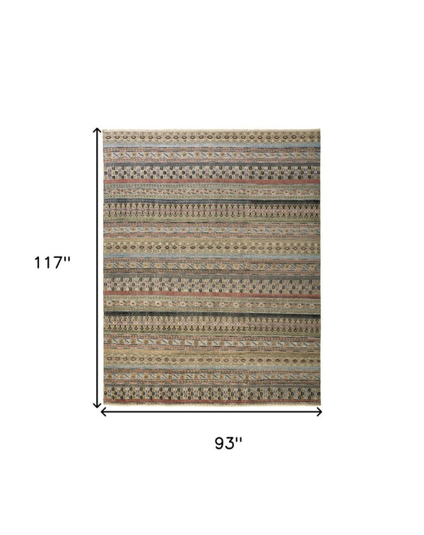 HomeRoots 6' Hand-Knotted Area Rug with Timeless Tan, Blue, and Orange Stripes for Cozy Home Decor 8' X 10' 566395