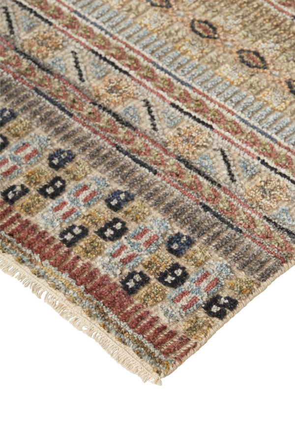 HomeRoots 6' Hand-Knotted Area Rug with Timeless Tan, Blue, and Orange Stripes for Cozy Home Decor 8' X 12' 566396