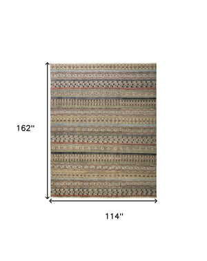 HomeRoots 6' Hand-Knotted Area Rug with Timeless Tan, Blue, and Orange Stripes for Cozy Home Decor 9' X 13' 566397