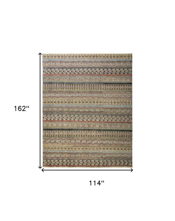 HomeRoots 6' Hand-Knotted Area Rug with Timeless Tan, Blue, and Orange Stripes for Cozy Home Decor 9' X 13' 566397