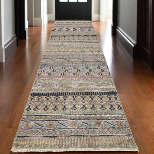 HomeRoots 6' Hand-Knotted Area Rug with Timeless Tan, Blue, and Orange Stripes for Cozy Home Decor 10' Runner 566398