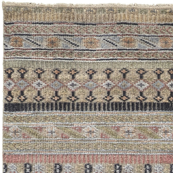 HomeRoots 6' Hand-Knotted Area Rug with Timeless Tan, Blue, and Orange Stripes for Cozy Home Decor 10' Runner 566398