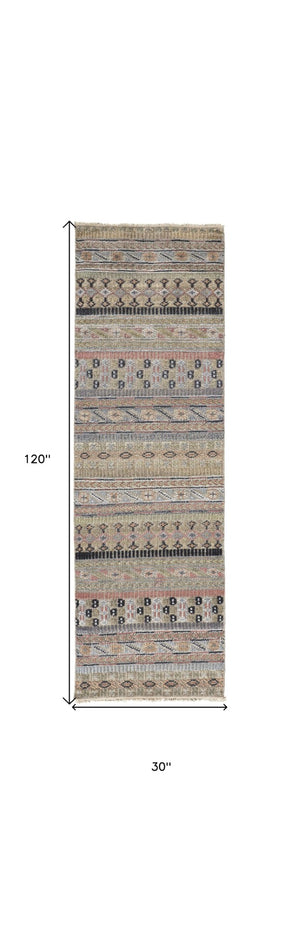 HomeRoots 6' Hand-Knotted Area Rug with Timeless Tan, Blue, and Orange Stripes for Cozy Home Decor 10' Runner 566398