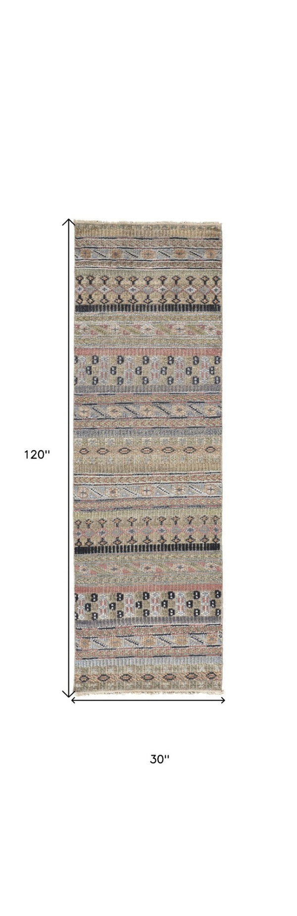 HomeRoots 6' Hand-Knotted Area Rug with Timeless Tan, Blue, and Orange Stripes for Cozy Home Decor 10' Runner 566398